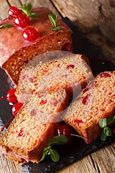 Homemade festive sweet bread with maraschino cherries and mint c