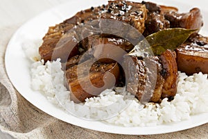 Homemade Filipino Adobo Pork with rice on a white plate, side view. Close-up