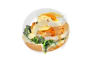 Homemade fish Burger with cod fillet, egg and spinach on a brioche bun. Isolated on white background. Top view.