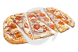 Homemade Flammkuchen or tarte flambee with cream cheese, bacon, tomato and onions. Isolated on white background.