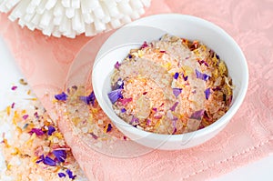 Homemade floral bath salts foot soak, fizzies, exfoliation scrub with dead sea salt, essential oil and colorful dry flower