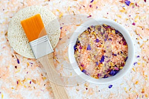 Homemade floral bath salts foot soak, fizzies, exfoliation scrub with dead sea salt, essential oil and dry flower petals