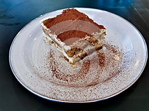 Homemade fluffy soft sweet Tiramisu Italian dessert served on white dish