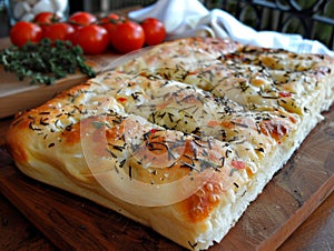 Homemade focaccia bread with tomatoes, rosemary and spices