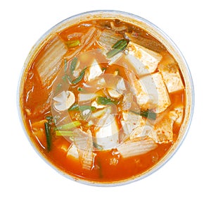Homemade food Korean traditional kimchi soup top view isolated on white background clipping path included, Kimchi Jjigae. photo