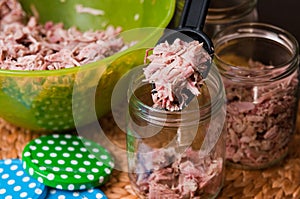 Homemade foreshank meat food in jars.