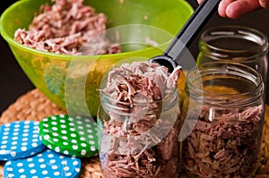 Homemade foreshank meat food in jars.