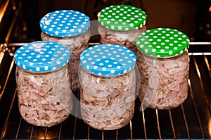Homemade foreshank meat food in jars.