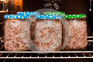 Homemade foreshank meat food in jars.