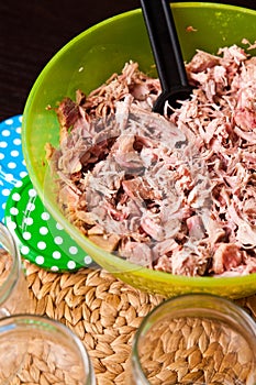 Homemade foreshank meat food in jars.