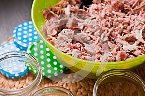 Homemade foreshank meat food in jars.