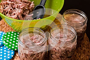 Homemade foreshank meat food in jars.