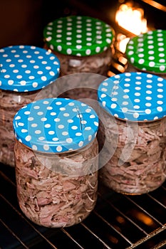 Homemade foreshank meat food in jars.