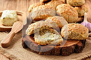 Homemade fresh bread buns with cheese and garlic butter.