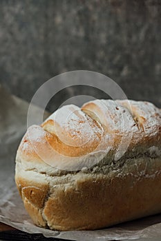 Homemade, fresh bread cools down after baking. Selective focus. place for text
