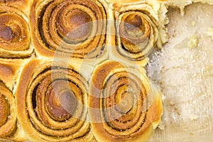 Homemade fresh cinnamon buns buns are in a baking dish