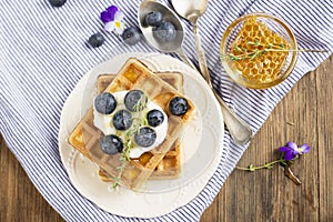 Homemade fresh crispy waffles for breakfast with blueberries