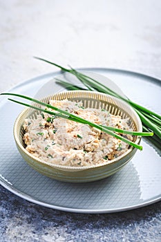 Homemade fresh fish pate, tuna and salmon spread with chives