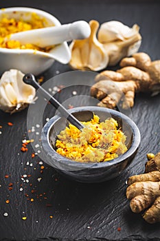 Homemade fresh ginger and garlic paste or Adrak Lahsun puree