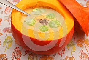 A soup of hokaido pumpkin with Brussels sprouts