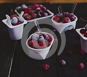 Homemade fresh yogurt. Healthy sweet dessert on dark rustic wood. Frozen fruits