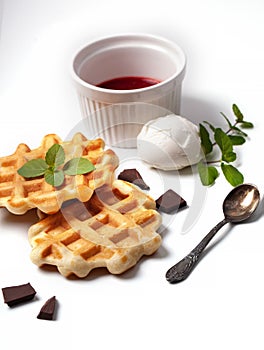 Homemade freshly baked belgian waffles with mascarpone, mint leaves and strawberry sauce isolated on white background