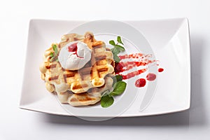 Homemade freshly baked belgian waffles with mascarpone, mint leaves and strawberry sauce isolated on white background
