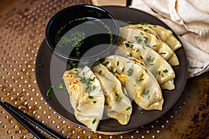 Homemade fried Asian potsticker dumpling appetizer. Gyzo Asian Pork Potstickers with Soy Sauce.