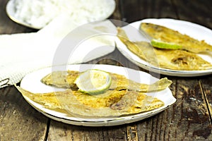 homemade fried fish lemon sole in white plate on wood table