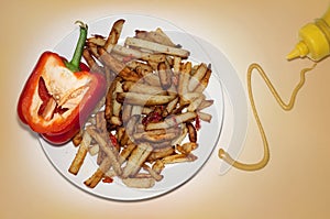 Homemade fried potatoes on a plate, pepper, mustard sauce