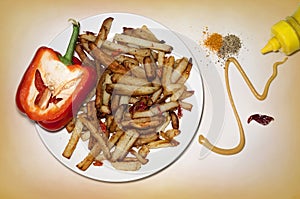 Homemade fried potatoes on a plate, pepper, mustard sauce