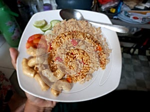 Homemade fried rice coocking on white plate