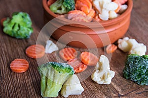 Homemade frozen organic vegetables in a ceramic bowl