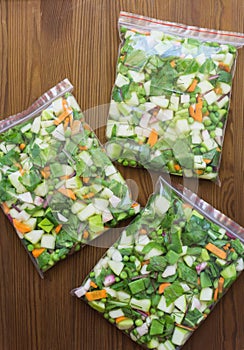 Homemade frozen vegetables in a freezer bag.