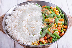 Homemade frozen vegetables with rice