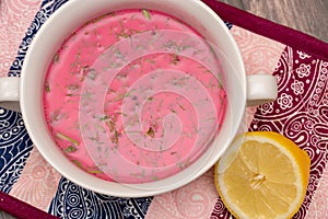 Homemade frsh beetroot soup with dill