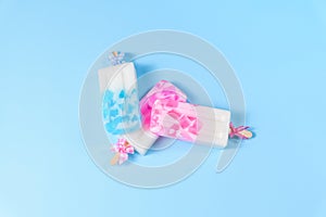 Homemade Fruit  Ice cream stick , popsicle , ice pop or freezer pop with copyspace on blue pastel background or texture