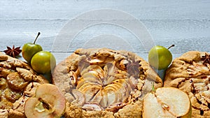 Homemade fruits tarts with chocolate topping on the concrete background. Vegetarian healthy autumn dessert - galette