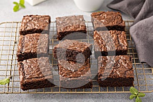 Homemade fudgy brownies on a baking rack