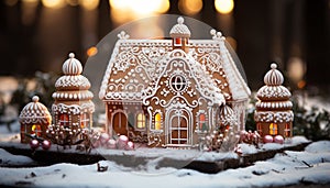 Homemade gingerbread house, decorated with icing and candy, celebrates winter generated by AI