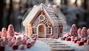 Homemade gingerbread house, decorated with icing and candy generated by AI