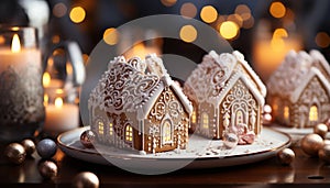 Homemade gingerbread house decorated with icing and candy, illuminated by candlelight generated by AI