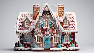 Homemade gingerbread house, decorated with icing, candy, and snowflakes generated by AI