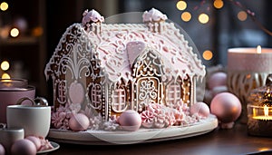 Homemade gingerbread house decorated with icing, candy, and snowflakes generated by AI