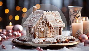 Homemade gingerbread house, decorated with icing and candy, on wood table generated by AI