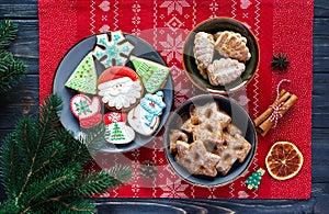 Homemade gingerbreads on plate and cup of coffee on red background. Holidays and celebration concept, greeting card mockup