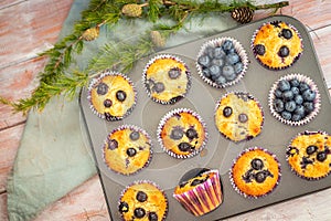 Homemade gluten free almond flour blueberry muffins in the baking tray