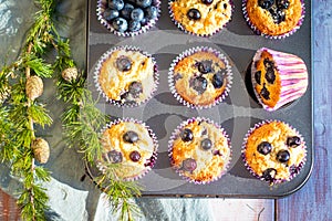Homemade gluten free almond flour blueberry muffins in the baking tray