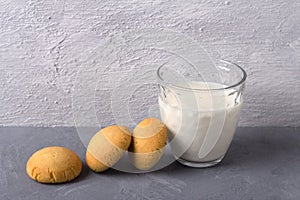 Homemade gluten free cottage cheese rice cookies and glass of milk on gray textured background