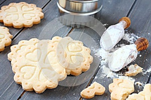 Homemade gluten free shortbread cookies with scoops of gluten free flour